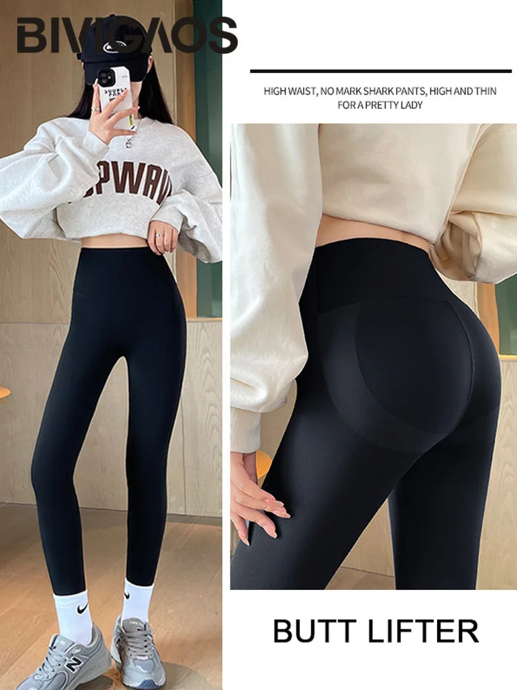 BIVIGAOS Seamless Basic Shark Leggings Women's Fall Winter Thin Fleece Sports Leggings Elastic Warm Fitness Yoga Leggings