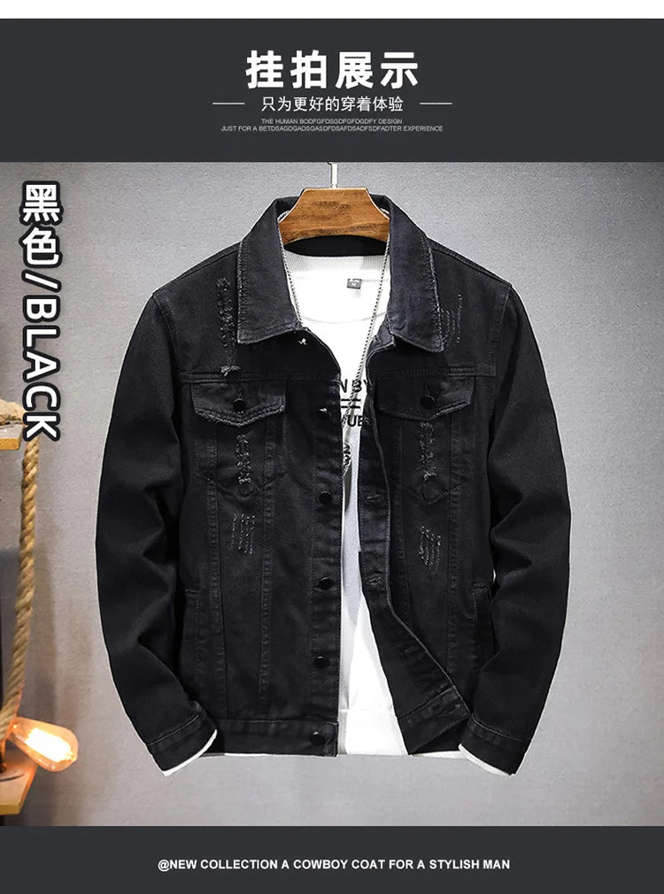 QICHE New Spring Autumn Men Light Blue Slim Denim Jacket Distressed Ripped Casual Outerwear