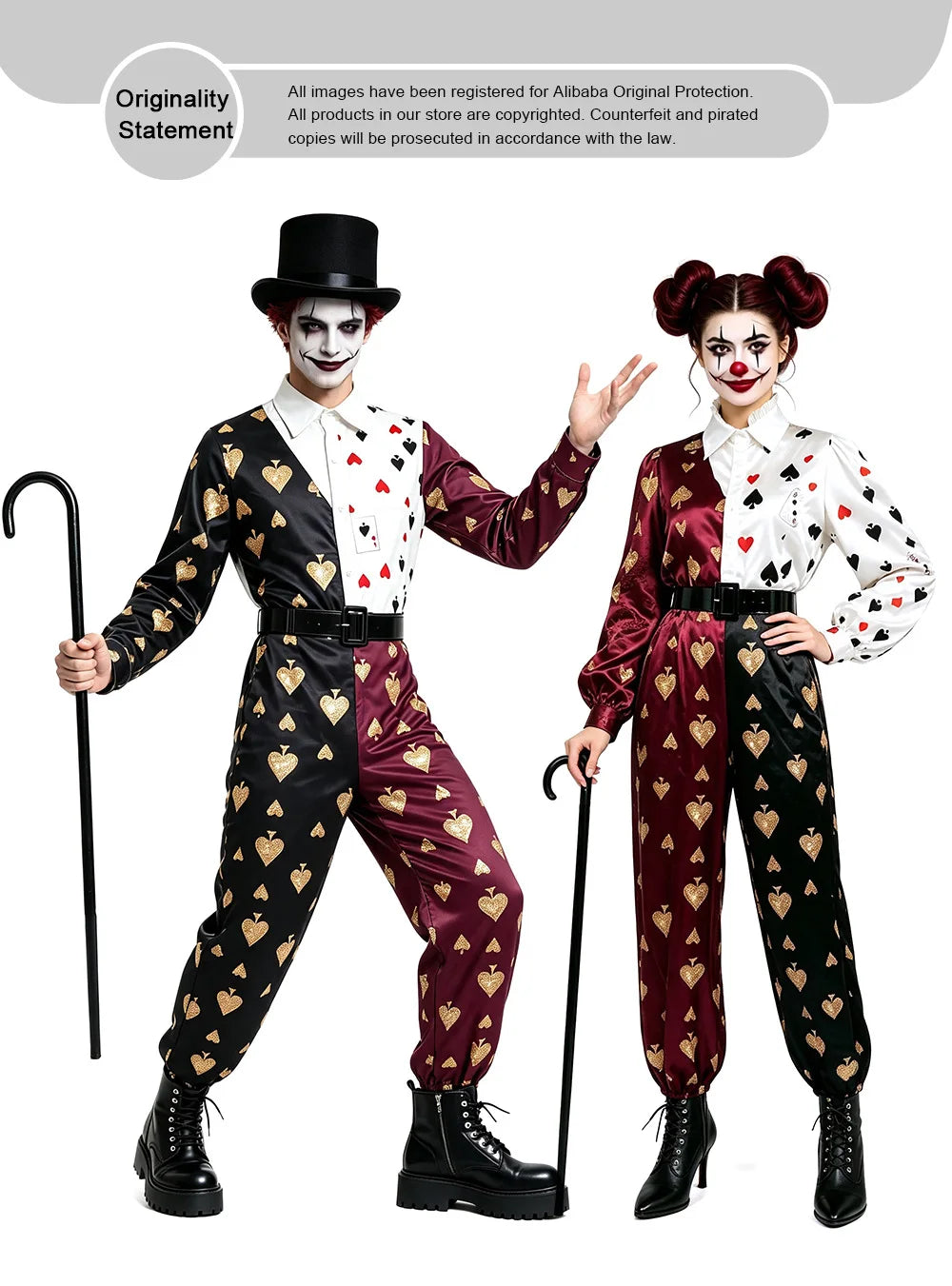 Adult Men Women Poker Clown Couple Cosplay Costume Circus Funny Performance Jumpsuit Halloween Carnival Party Fantasy Outfits