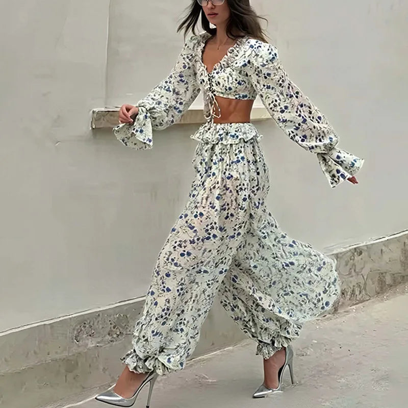 Summer Floral Trousers Set Comfortable Street Style Long-sleeved Waist-revealing Lace-up Top Wide-leg Trousers Two-piece Set