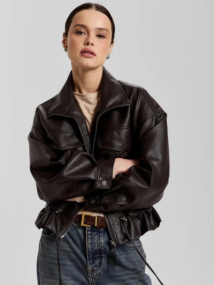 LGRQ Stand‑Collar Long Sleeve Biker Faux Leather Jacket Women Vintage Drawstring Waist Cropped Outerwear 2026 Autumn 19DB3772