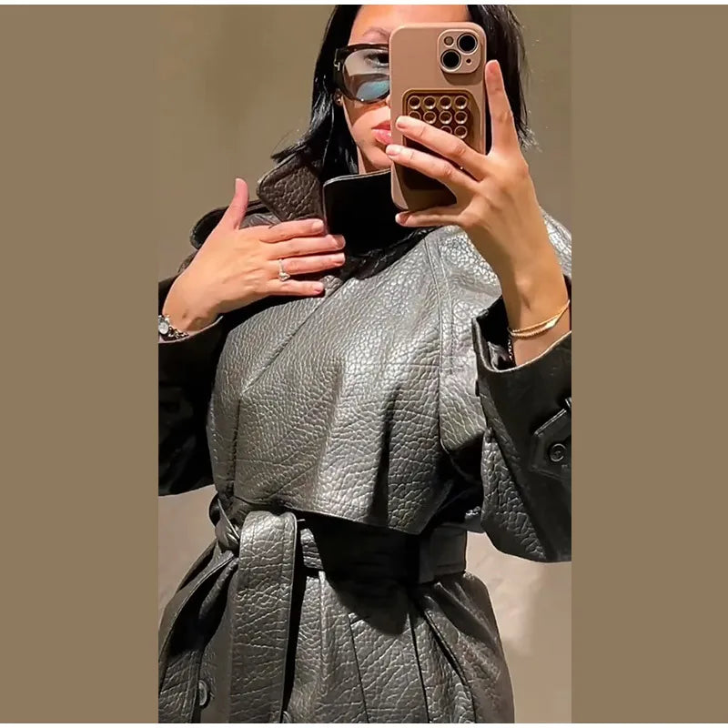 Double Breasted Lace up Long Leather Coat Woman Long Sleeves Loose Solid Color Casual Jackets Street Women's Early Autumn Coats