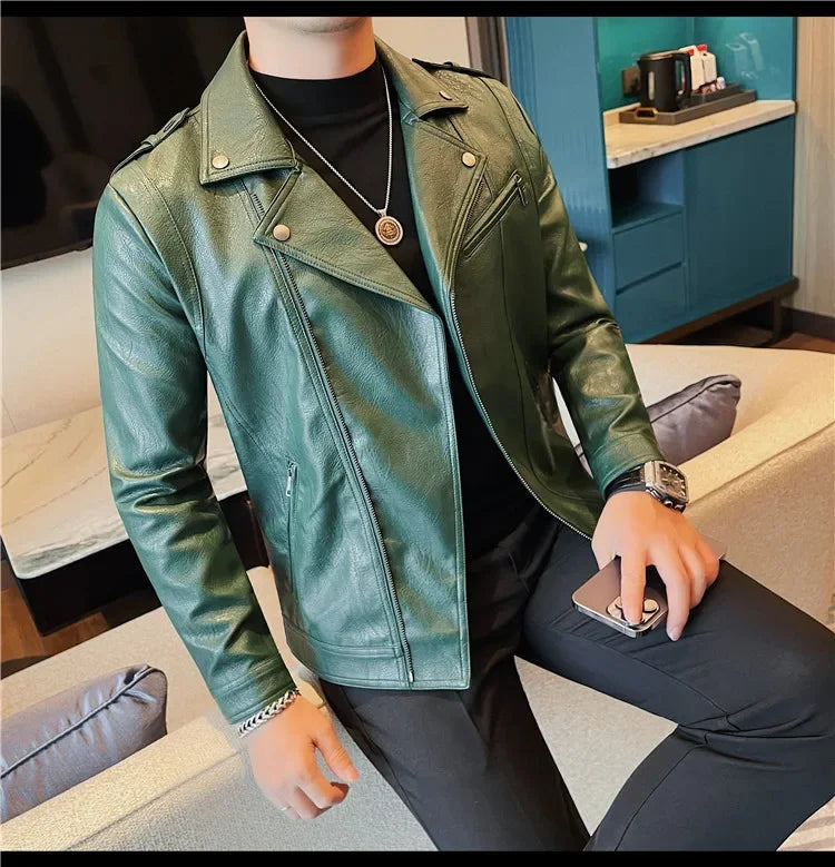 Men High Quality Faux Leather Jacket Vintage Oblique Zipper  Slim Fit Motorcycle Outwear Male Autumn Winter PU Leather Coats