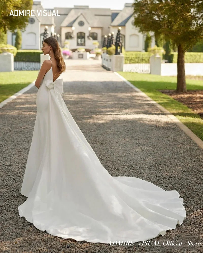 Newest Wedding Dress Mermaid  Satin For Bride  Deep V-Neck Neckline With Big Bow Sleeveless Custom Made Vestidos De Novias