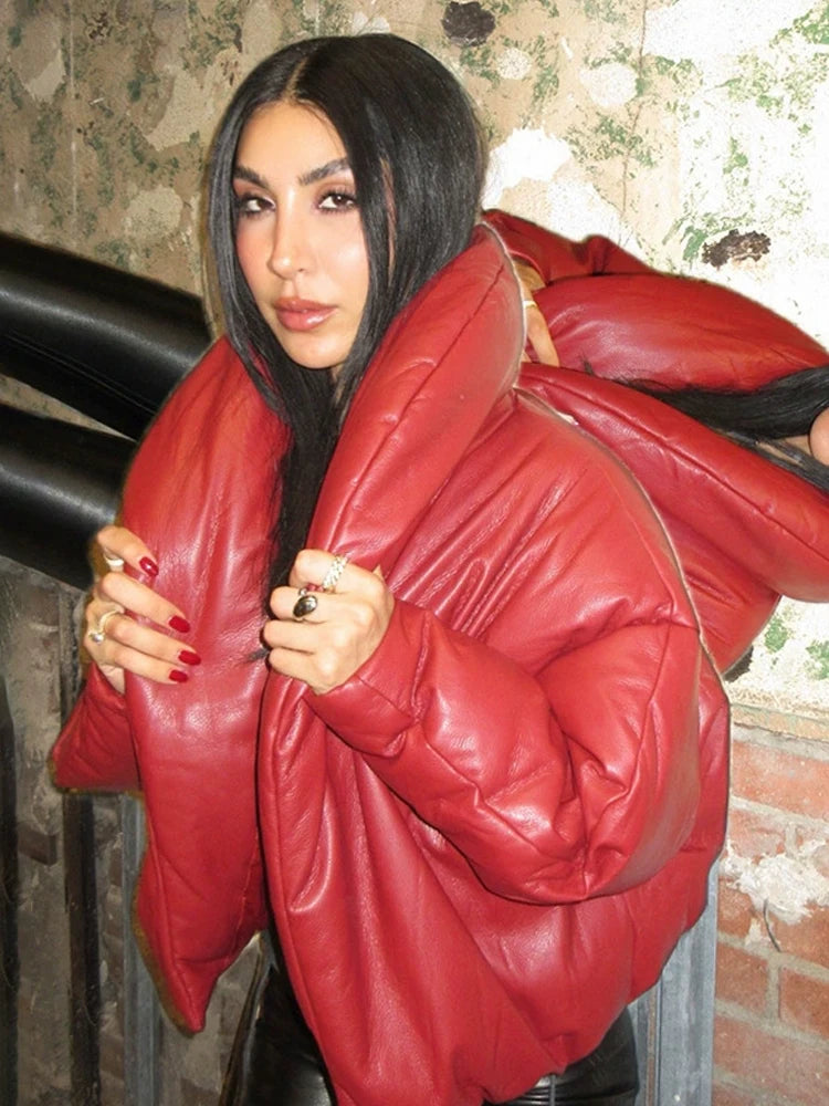 Kliou Faux Leather Puffer Coats Woman Winter Warm Trend Stand Collar Full Sleeve High Street Casual Fashion Style Crop Jacket