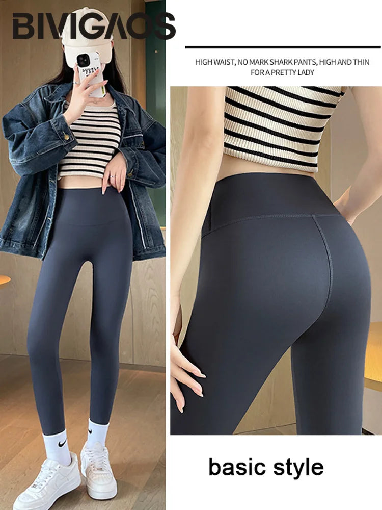 BIVIGAOS Seamless Basic Shark Leggings Women's Fall Winter Thin Fleece Sports Leggings Elastic Warm Fitness Yoga Leggings