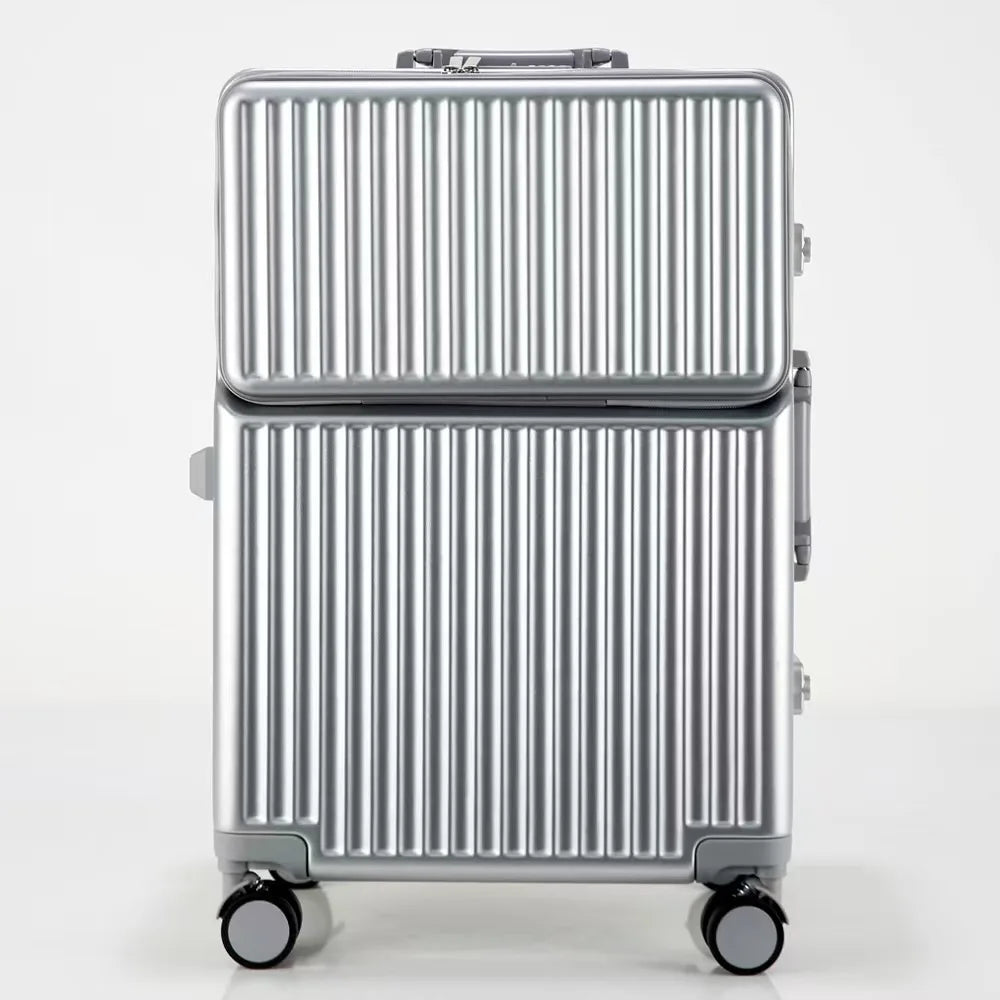 New 20'' Boarding Box Front Opening Suitcase Aluminium Frame 24/27 inch Rolling Luggage with Cup Holder Mobile Phone Holder