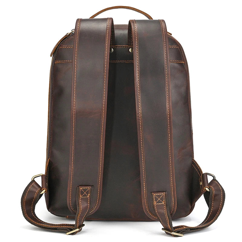 Luufan Men's Retro Crazy Horse Leather Backpack Brown Genuine Leather Rucksack Brown 14 Inch Laptop School Bag