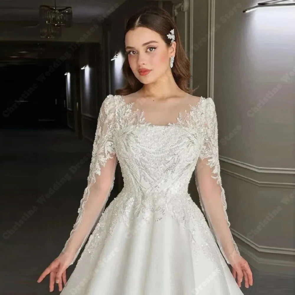 Glitte Chiffon Women Wedding Dresses Elegant Charming Bridal Gowns Lace Long Sleeves Mopping Length Vestido De Novias Customized