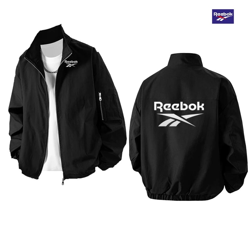 Reebok's New Men's Lightweight Spring-Autumn Casual Stand-Up Collar Outdoor Sports Coat Features a Zipper Design on the Sleeves.