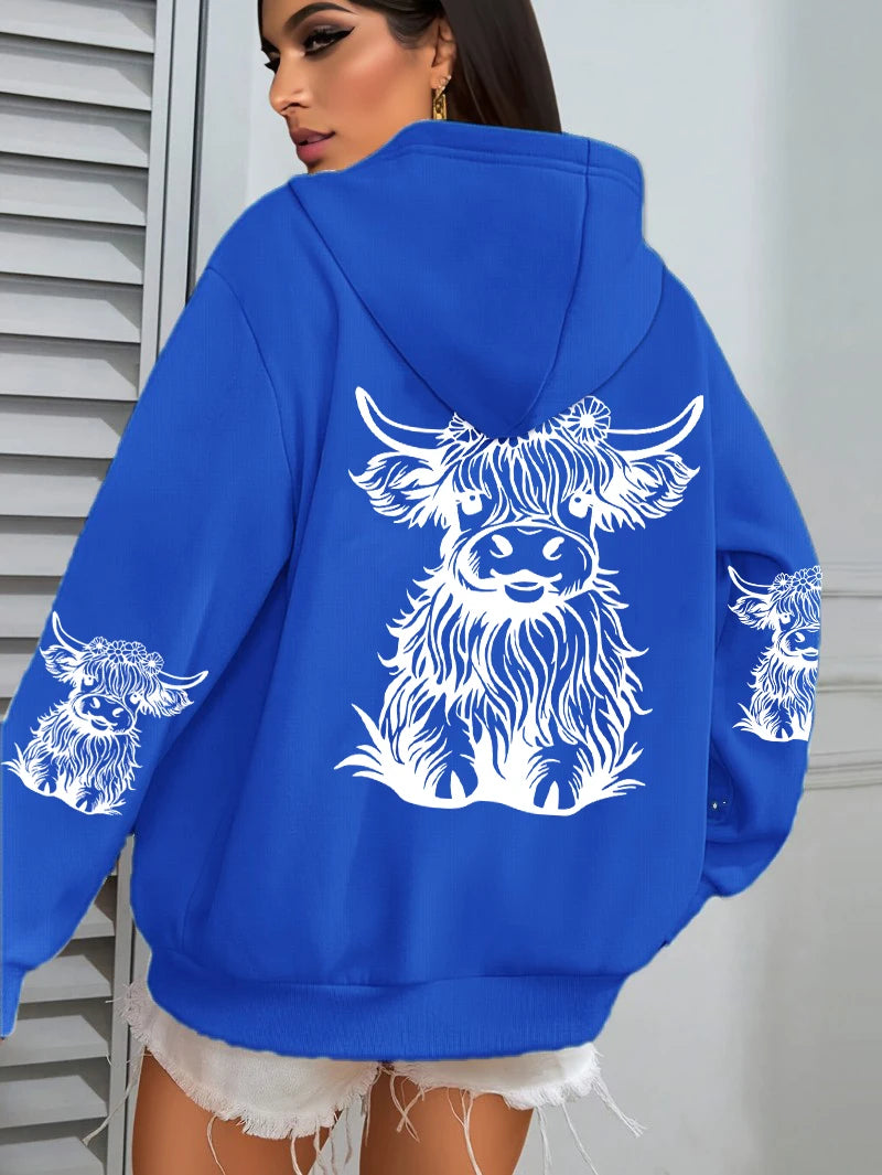Cute Hair Cow Cartoon Printing Hoodies Womens Fleece Autumn Streetwear Comfortable Casual Hoodie Y2K Pocket All-Match Hoody