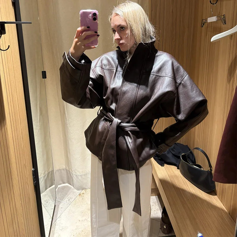 Faux Leather Jacket Stand Collar Winderbreaker Woman Waist Tie Belt Coat Long Sleeve Loose PU Leather Coat Street Wear Clothes