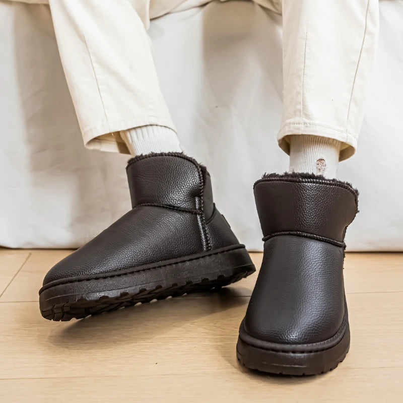Couple Style Men's and Women's High-Top Leather Waterproof Snow Boots Plus Velvet Warm Boots and Cotton Shoes