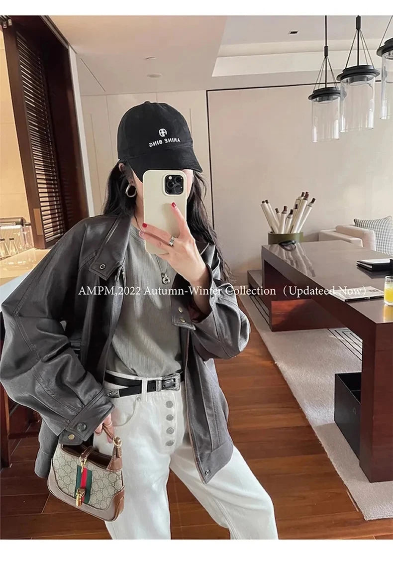 Lautaro Autumn Cool Brown Oversized Leather Jacket Women Drop Shoulder Long Sleeve Zippper High Quality American Retro Clothing