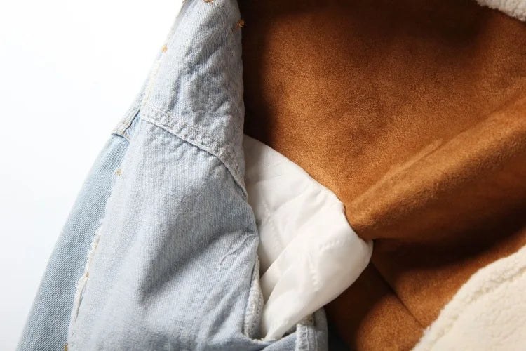 Women Padded Jacket Denim Splicing Jacket Winter New Lamb's Wool Liner Thickened Short Section Biker Jacket Cotton Jacket 2024