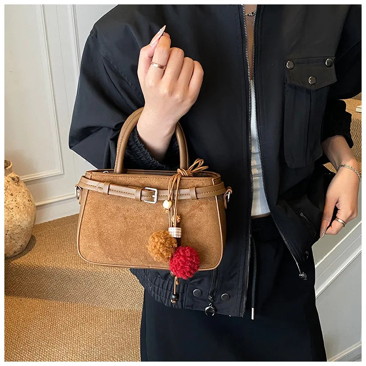 Retro Faux Suede Women's Handbag Fashionable Small Square Bag 2025 Winter Simple Short Handle Single Shoulder Crossbody Bag
