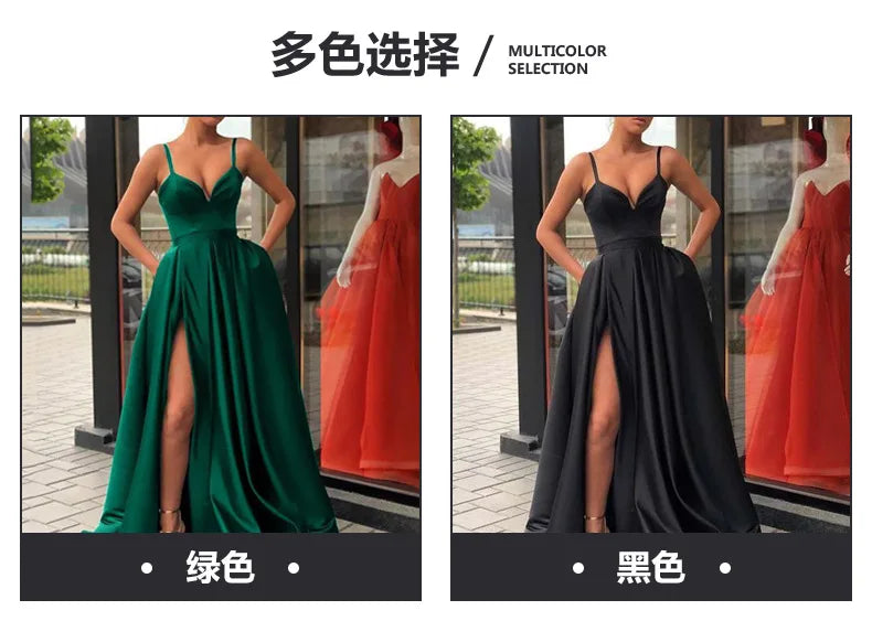 2026 Women's Wedding Party Evening Dresses Solid Elegant Side Slit A-Line Satin Sleeveless Straps Maxi Dress Sexy Banquet Gown
