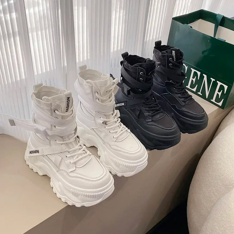Fashion Platform Ankle Boots for Women Chunky Thick Sole Lace Up Motorcycle Boots Ladies Light Cozy Non-slip Shoe Botas De Mujer