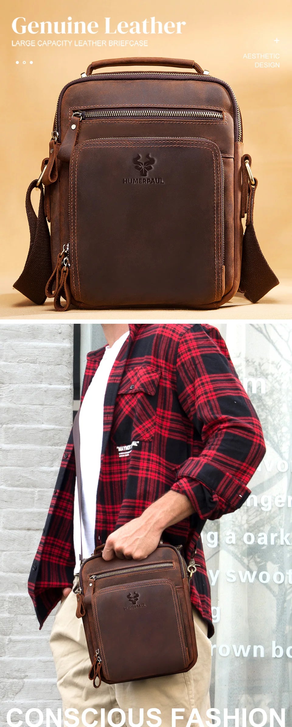 HUMERPAUL Men's Cowhide Shoulder Bag Casual Crossbody Bags Full Grain Leather Multifunctional Ipad Messenger Handbag Quality