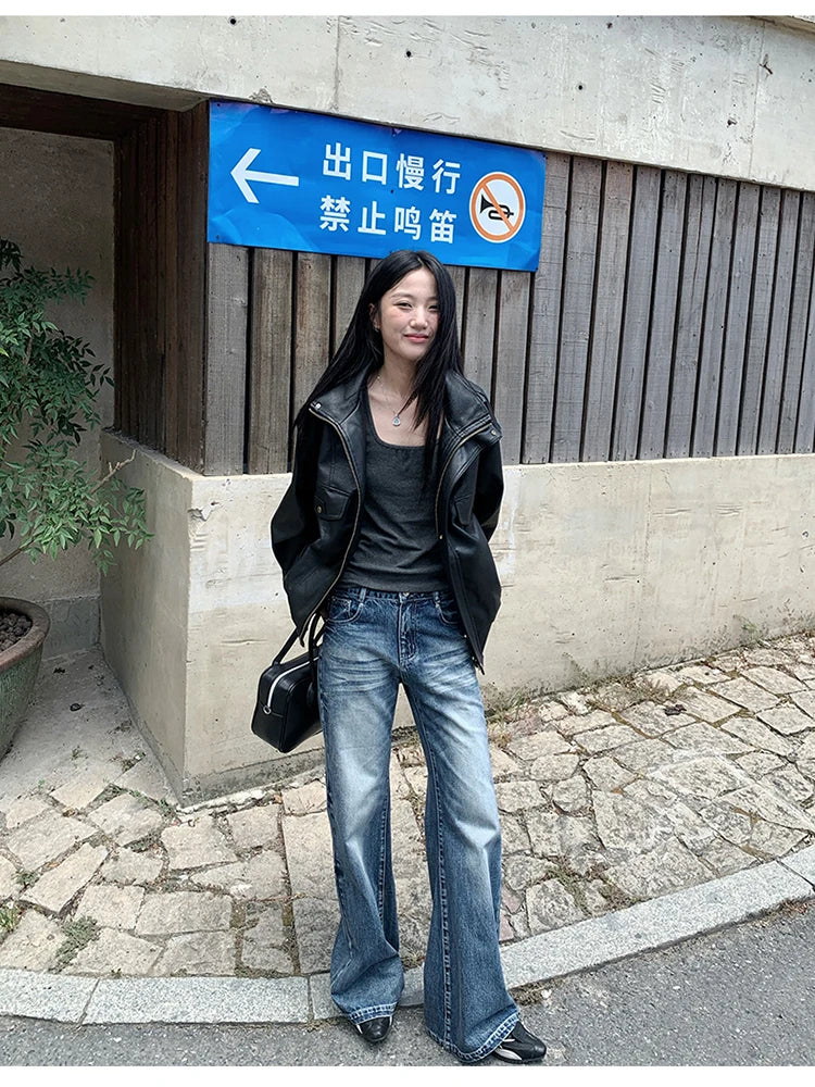 Lautaro Spring Winter Cool Oversized Thicken Warm Black Hard Pu Leather Jacket Women Long Sleeve High Quality American Clothing