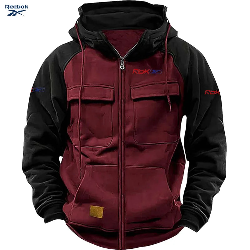 Reebok Men's Zippered Patched Warm Fleece Pullover for Autumn/Winter - Multiple Pockets - Stylish Hooded Jacket - Thick Outdoor