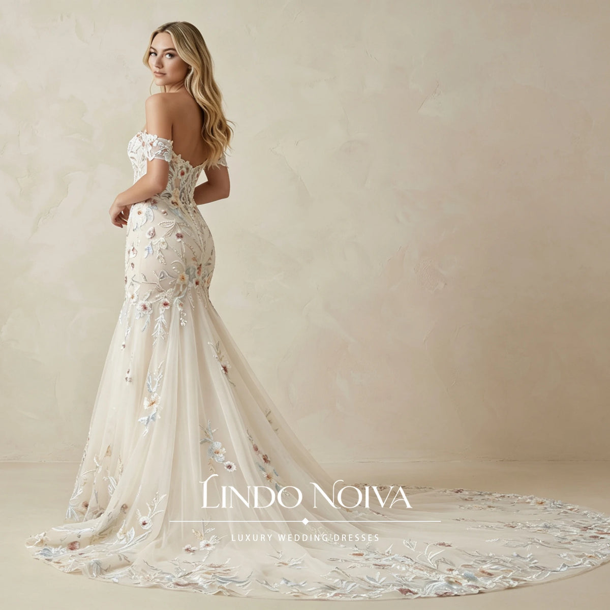 LINDO NOIVA Off The Shoulder Mermaid Wedding Dress Floral Embroidery Bridal Gown Romantic Train Vestido De Novia Customized