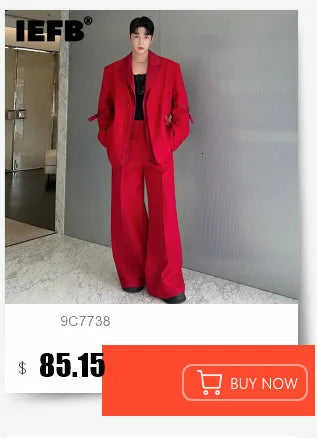 IEFB Niche Design Men's Two-piece Collarless Embroidery Blazer Loose Straight Suit Pants Contrast Color Male Sets New 9C7485