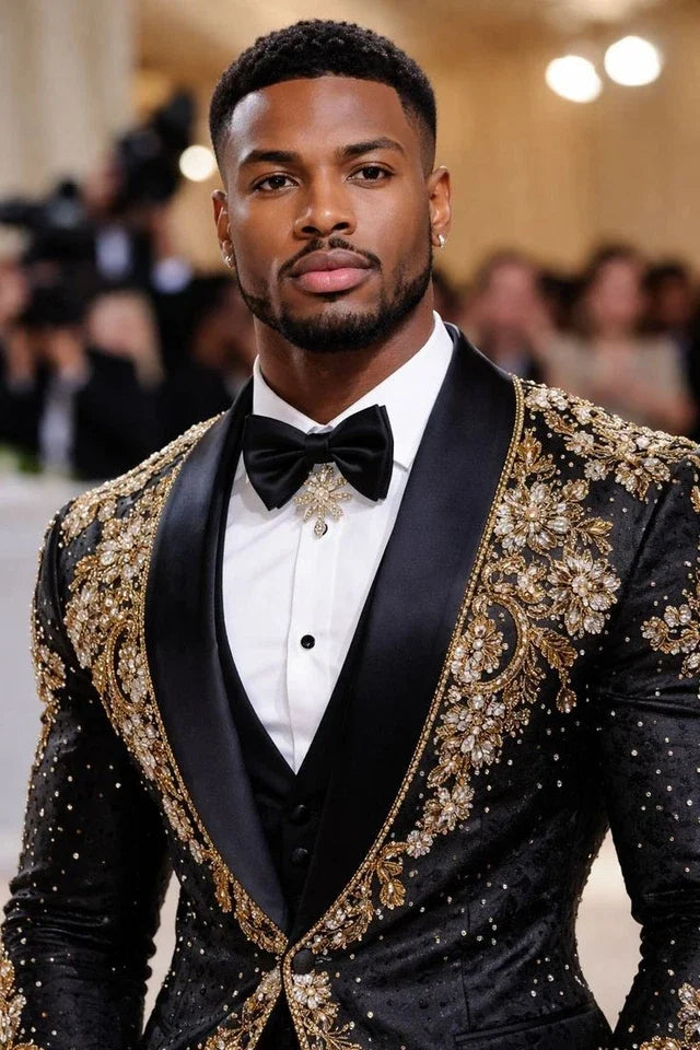 Black Shawl Lapel Men Tuxedo Luxury Gold Floral Rhinestone Embroidery Groom Wedding Suit Met Gala Red Carpet Formal Party Blazer