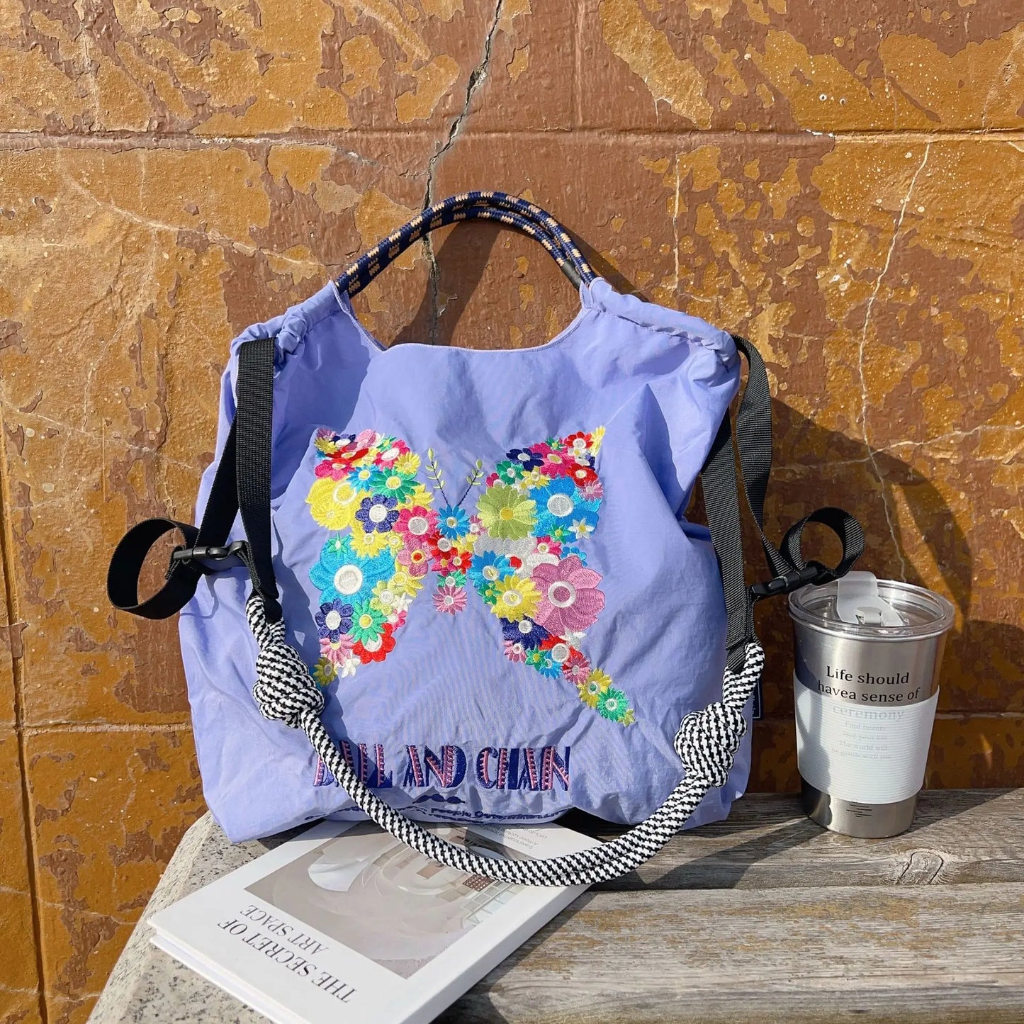 Large Medium Embroidered Shopping Bag, Casual Handheld Simple Large Capacity Shoulder Bag Shoulder Straps Included