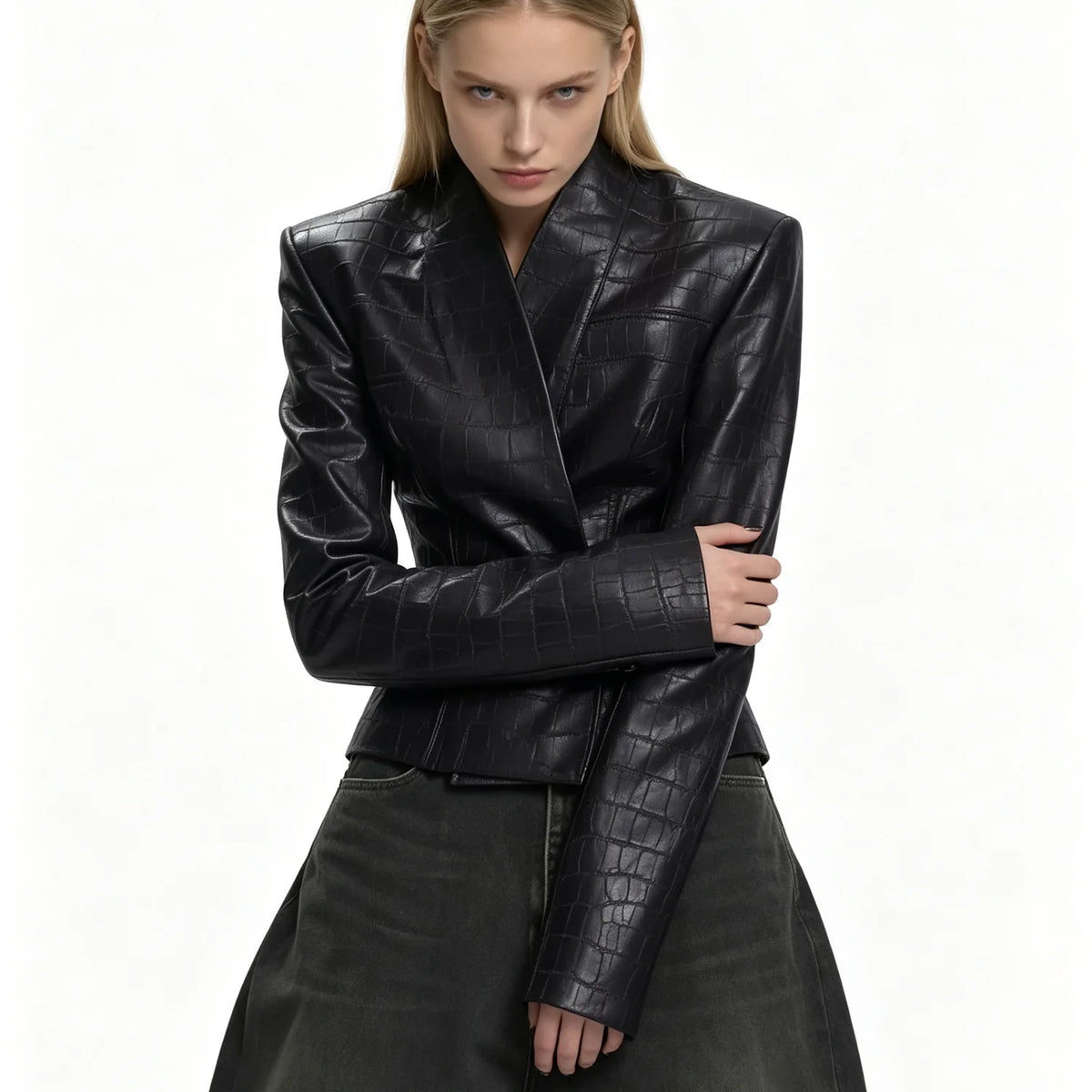 Women 2026 Croc Embossed Faux Leather Jacket V‑Neck Double‑Breasted Slim Fit Long Sleeve Chic Short Outerwear Coat