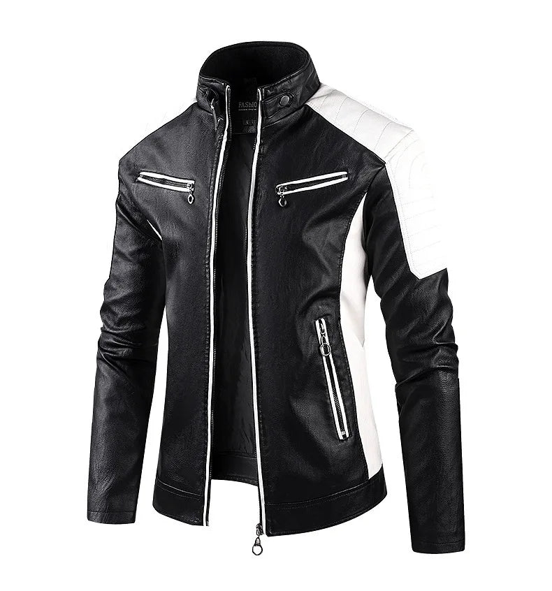 White and Red Patchwork Men's PU Jacket, Stylish Vintage Biker Faux Leather Coat, Available in Black or Brown.
