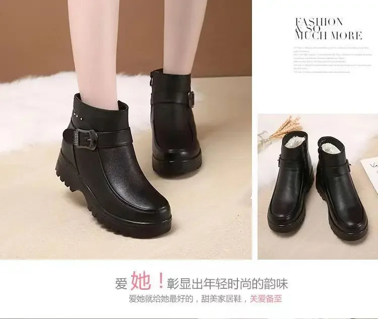 2024 Fashion Winter Women Pu Leather Ankle Boots Female Thick Plush Warm Snow Boots Mother Waterproof Non-slip Booties