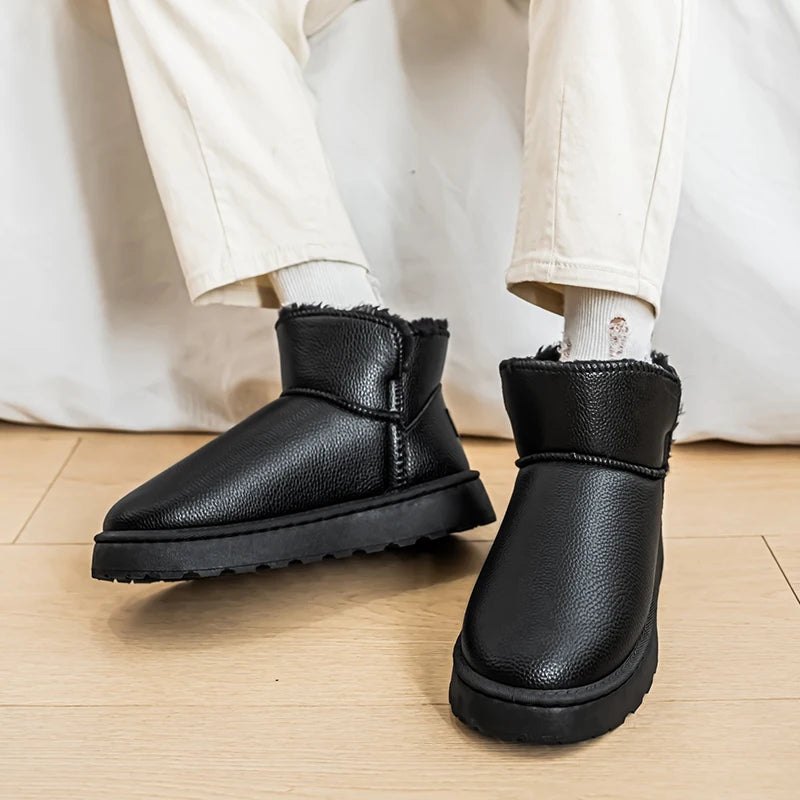 Couple Style Men's and Women's High-Top Leather Waterproof Snow Boots Plus Velvet Warm Boots and Cotton Shoes