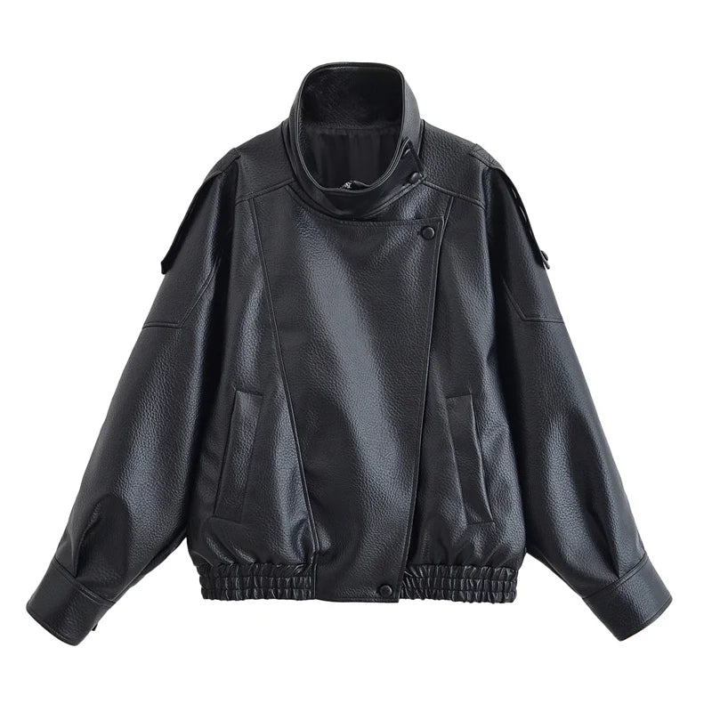 Women's 2026 Autumn New Classic Commuter Style Black Long Sleeve Pebble Faux Leather Motorcycle Fashion Jacket