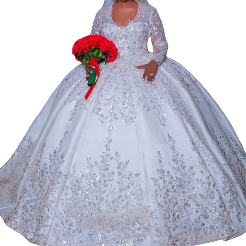 Customized 2025 Luxury Plus Size Ball Gowns Lace Sequined Wedding Dress Long Sleeve Bridal Dress Beaded Vestidos De Novia