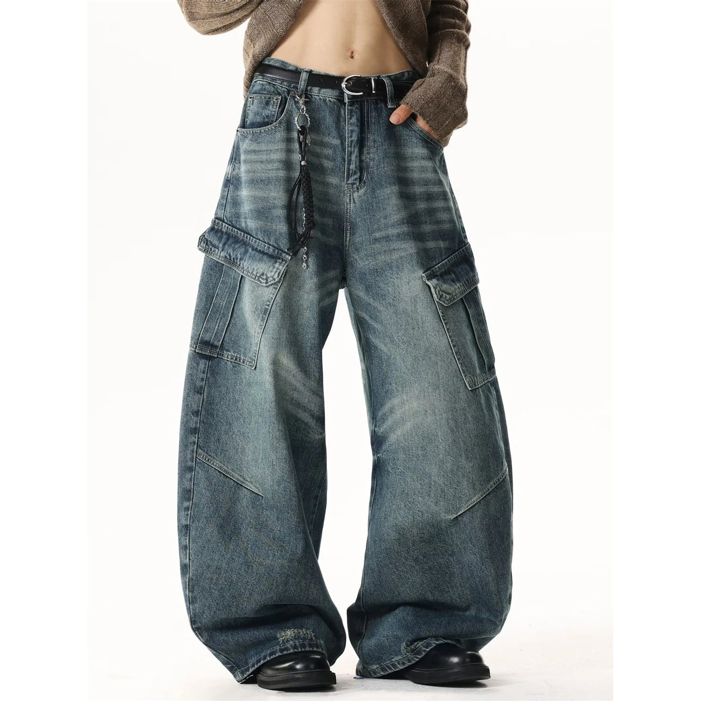 American Style Vintage Washed Large Pocket Knife Jeans Men Loose Straight Cut Workwear Floor-Length Wide Leg Pants