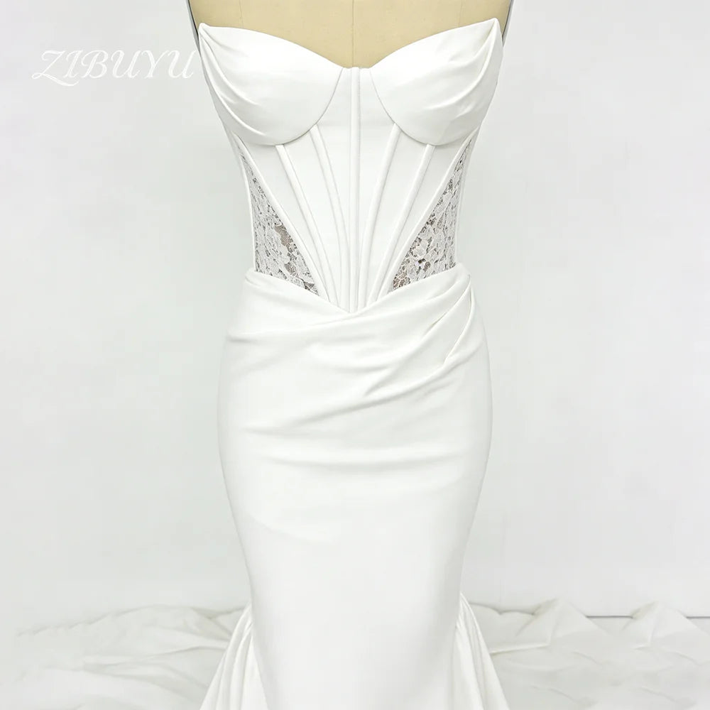 ZIBUYU Customized Luxury Wedding Dress Strapless Sleeveless Satin Sweetheart Neckline Corset Bodice Lace Mermaid Bridal Gowns