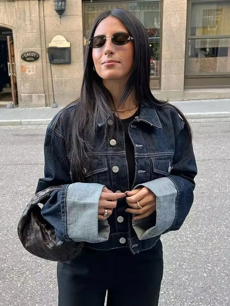 HH Denim Jacket For Women Vintage Single Breasted Lapel Long Sleeve Jackets Fashion Female High Street Outerwear Denim Coats