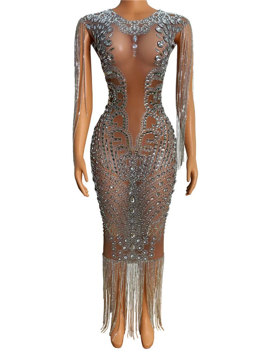 Transparent Long Diamond Dark Brown Party Dress Birthday Luxury Costume Fancy Brilliant Dancer Wedding Dress Impressive Dress