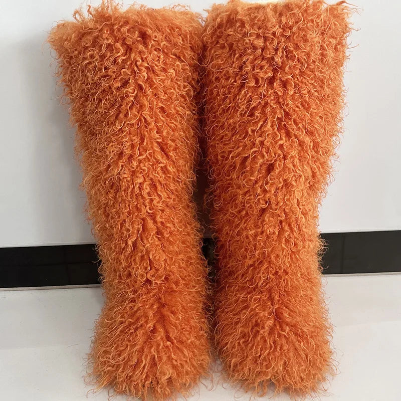 New Over The Knee Fur Boots Women Warm 72CM Long Faux Mongolian Fur Snow Boots Winter Luxury Fluffy Shoes Plush Platform Shoes