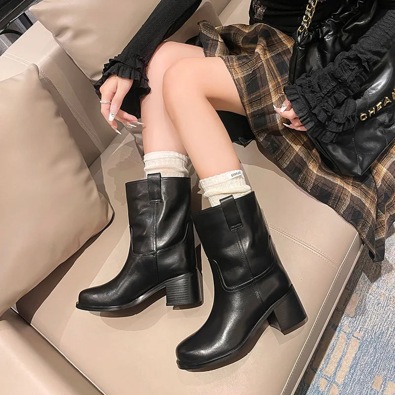 Arden Furtado Autumn Cowhide Knee High Boots Round Toe Pull-On Chunky Heels Riding Boots British Style Large Size Boots