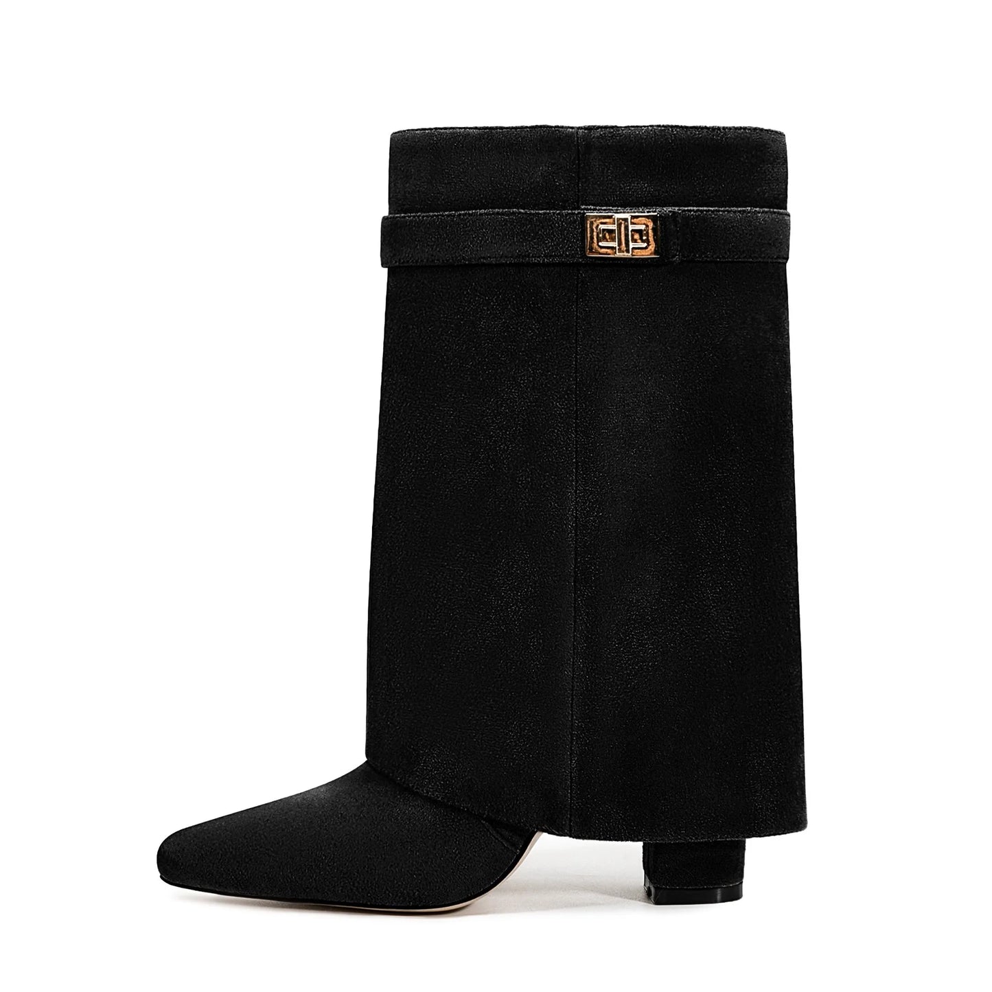 Autumn and Winter New Pointed Metal Buckle Knee High Women's Boots, Thick High-heeled Pants Boots, Fashionable Mid Leg Boots