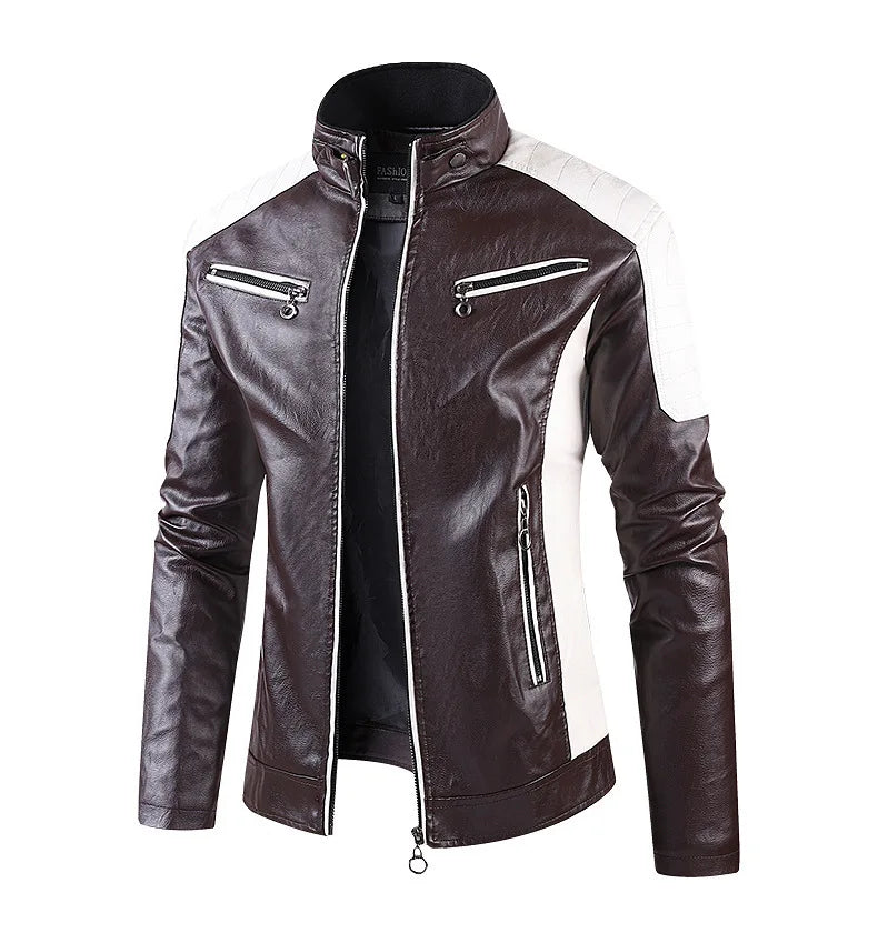 White and Red Patchwork Men's PU Jacket, Stylish Vintage Biker Faux Leather Coat, Available in Black or Brown.