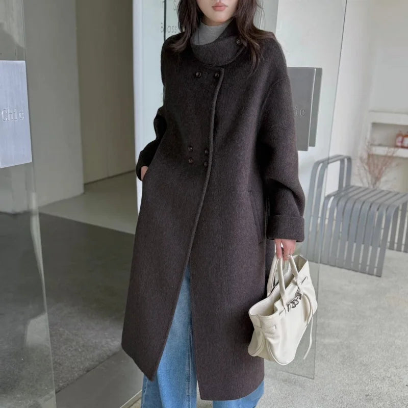 Ladies' 100% wool coat, high-end slimming stand up collar, double breasted loose long woolen coat, autumn and winter bestseller