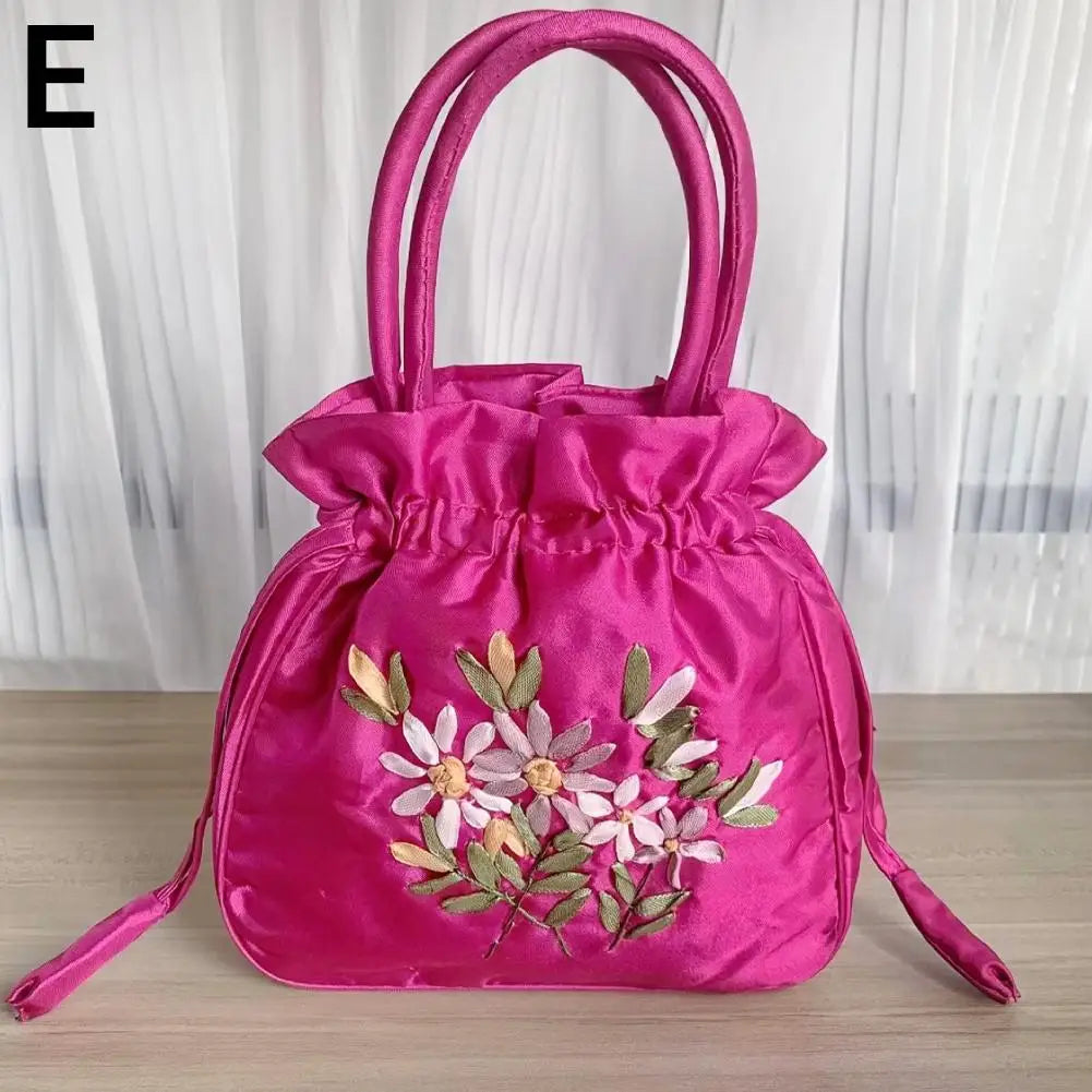 Women Bucket Bag Top Handle Ladies Handbag Phone Bag Summer Small Purse National Style Embroidered Flower Pattern Drawstring Bag