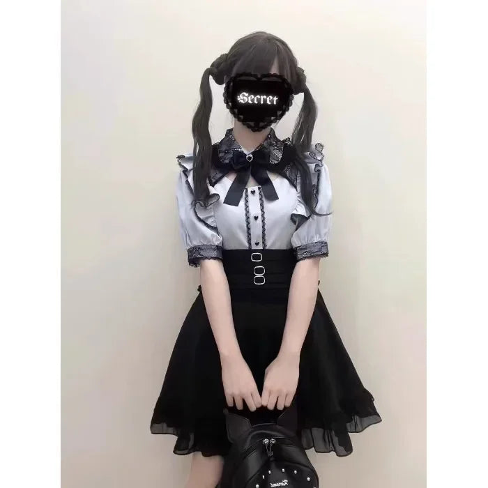 Jirai Kei Cosplay Costume Lolita Dress Blouse Y2K Kawaii Japanese Style Shirt Short Sleeve Pink Sweetheart Girl Halloween Party