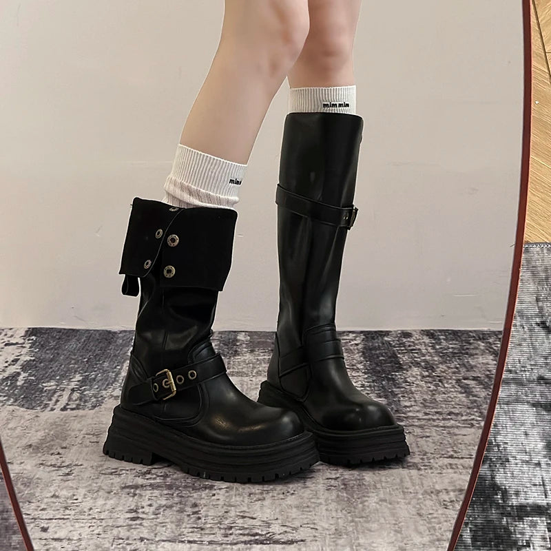 Winter Vintage Platform Thick Sole Woman Knight High Boots Concise Belt Buckle Front zipper Shoes Ladies Slim Modern Long Botas