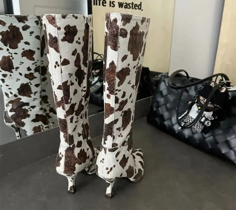 ZAROY Stiletto Heel Knee High Boots Brand Designer Brown Cow Print Pointed Toe Zipper Runway Banquet Dress High Botas сапоги