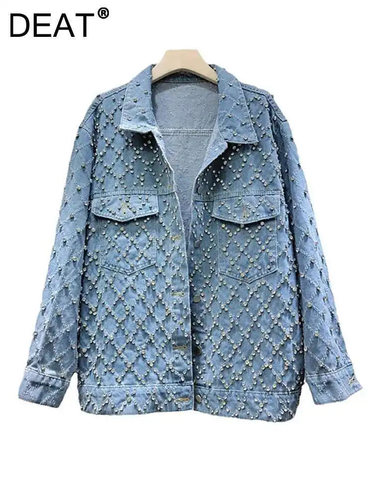 DEAT Women's Denim Coat Blue Long Sleeve Full Diamonds Distressed Jacquard Plaid Jackets 2026 Summer Summer New Fashion 29L7709