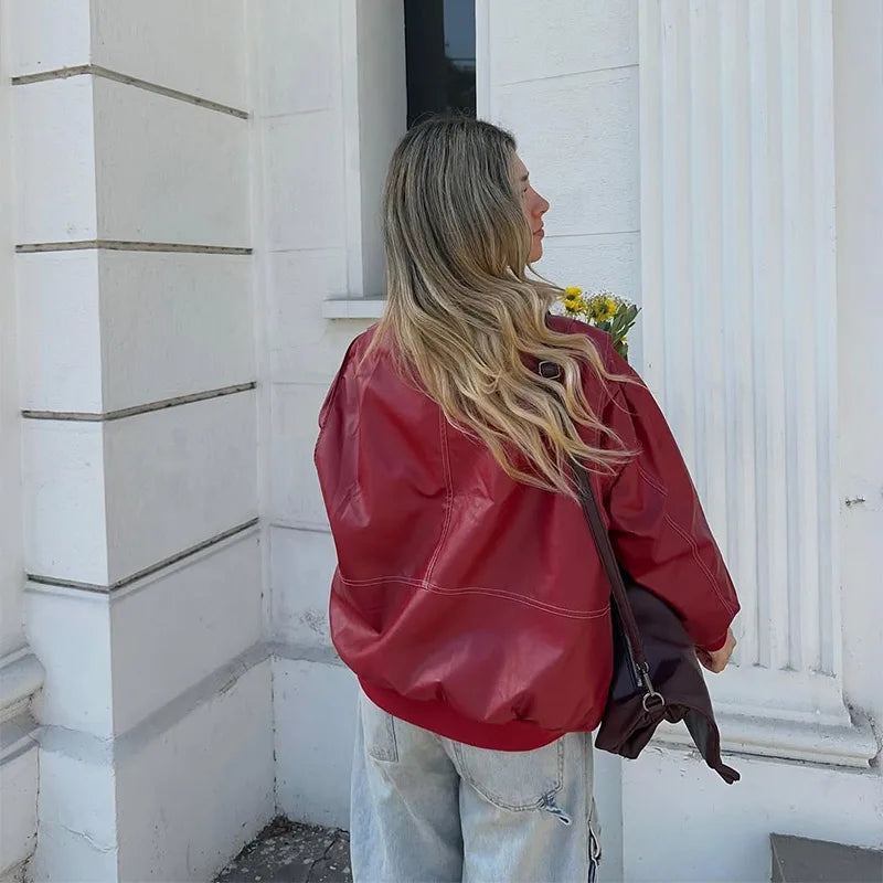 Women Stand Collar Leather Pilot Jacket Red Zipper Cropped Coat Fashion Casual Fashion Outerwear 2026 New Arrival Streetwear